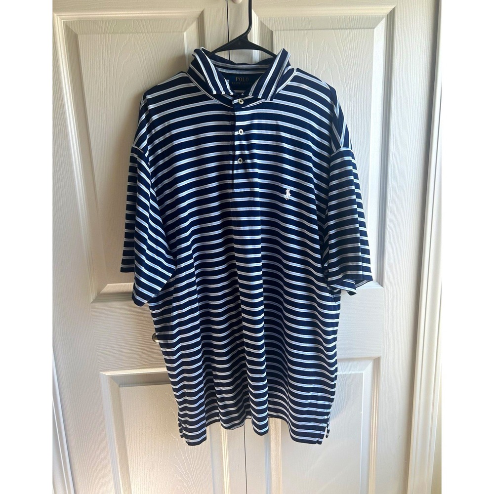 Polo Ralph Lauren Men's Blue/White Striped Cotton Knit Polo w/ Logo 2XLT